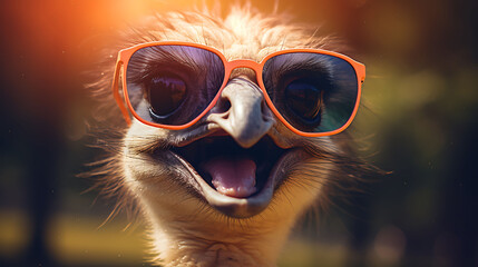 selfie portrait of a laughing ostrich wearing sunglasses - obrazy, fototapety, plakaty