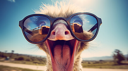 selfie portrait of a laughing ostrich wearing sunglasses - obrazy, fototapety, plakaty