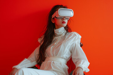 A woman in an all-white outfit is immersed in a virtual reality experience, sitting against a vibrant orange backdrop, highlighting the contrast between the virtual and real worlds