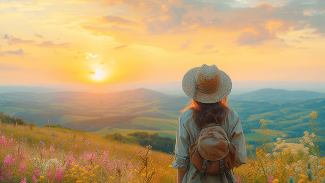 A painter capturing the beauty of a spring sunrise over rolling hills, embracing the transformative power of natural light. Concept of artistic inspiration. Generative Ai.