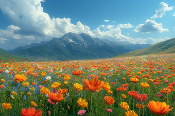 A panoramic view of a valley filled with wildflowers, creating a breathtaking landscape of vibrant colors. Concept of untouched natural beauty. Generative Ai.
