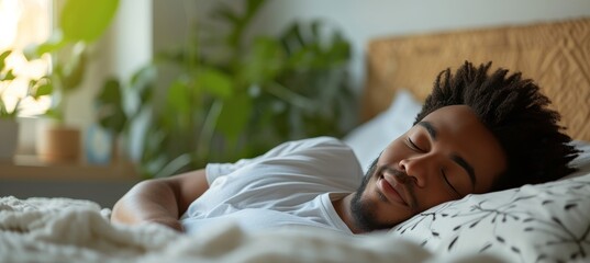 Happy african american man in white clothes sleeping on white bed with blanket, copy space for text
