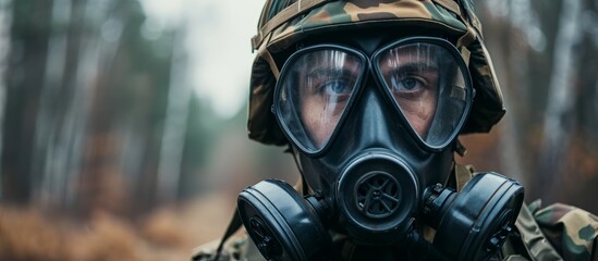 A close-up of a soldier donning personal protective equipment, specifically a gas mask, resembling a fictional character in an action film.