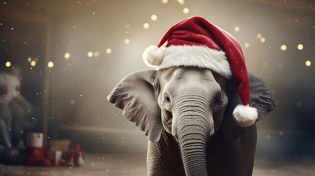 Portrait of a elephant in Santa hat. Christmas background.
