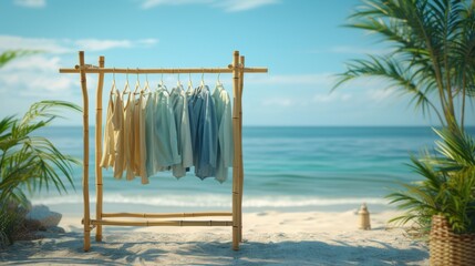 Casual shirts displayed on a bamboo rack at a beach - Powered by Adobe
