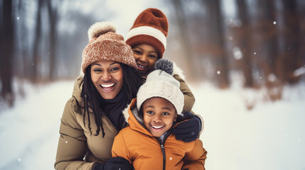Obraz premium Rear view of family with two small children in winter nature, walking in the snow.