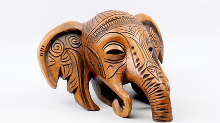 Ancient tribal elephant head shaped mask authentic hand carved statue wooden mask made with cedar wood with African pattern symbols isolated on white background