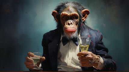 portrait of a zany chimpanzee with a cocktail - obrazy, fototapety, plakaty
