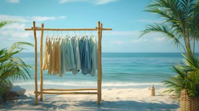 Casual shirts displayed on a bamboo rack at a beach