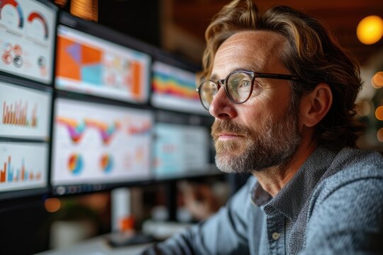 Marketer analyzing data on multiple monitors in the office