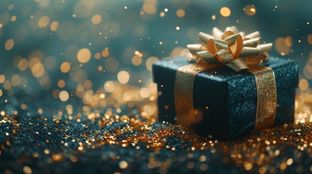 Navy blue gift box with satin ribbon and golden glitter on blue background for special occasions