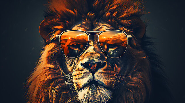 portrait of a merry lion wearing sunglasses.