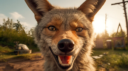 Close-up selfie portrait of a jolly coyote - obrazy, fototapety, plakaty