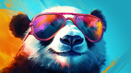 selfie portrait of an amusing panda wearing sunglasses - obrazy, fototapety, plakaty