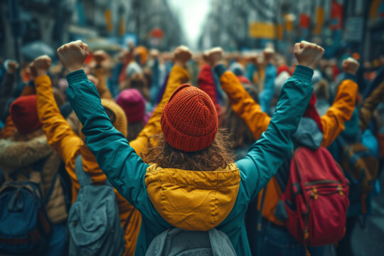 A powerful image of diverse activists linking arms in a peaceful protest, united in their call for social justice. Concept of solidarity in activism. Generative Ai.