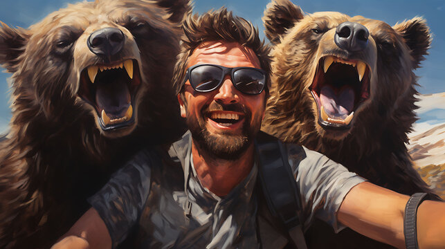 selfie portrait of a chuckle of bears wearing sunglasses.
