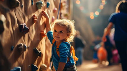 little kid do extreme sport named wall climbing - obrazy, fototapety, plakaty