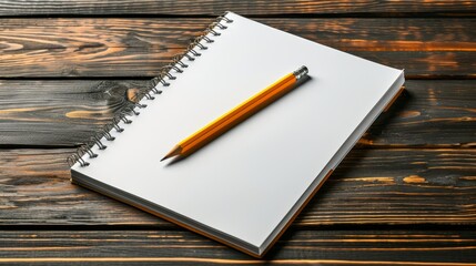 Blank white spiral notebook and pencil on wooden desk top view for writing and note taking