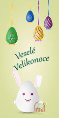 Happy Easter card with traditional Easter symbols, rabbit, painted eggs and Czech text Vesele Velikonoce, vector drawing, portrait orientation, vertical design, illustration.