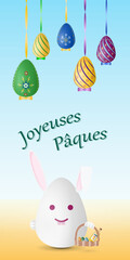 Happy Easter card with traditional Easter symbols, rabbit, painted eggs and French text Joyeuses Paques, vector drawing, portrait orientation, vertical design, illustration.