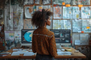 African American marketer with a confident smile in a busy office
