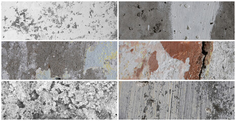 Texture set of old cracked concrete walls. Rough gray concrete surfaces. Collection of panoramic backgrounds for design.