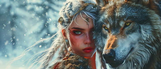 Fantasy portrait of a beautiful Scandinavian woman with a huge wolf, ethnic character concept for a video game - obrazy, fototapety, plakaty