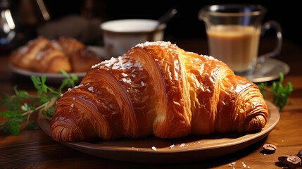 Delicious fresh croissant bakery on a white plate on a wooden table with beautiful bokeh background