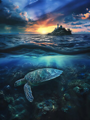 turtle and light house in the sea at sunset  