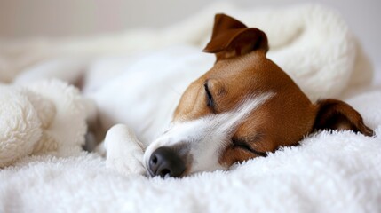 Obraz premium Adorable dog sleeping happily on white bed with blanket, copy space for text placement
