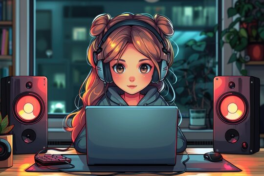 Gamer girl at her computer with headphones on
