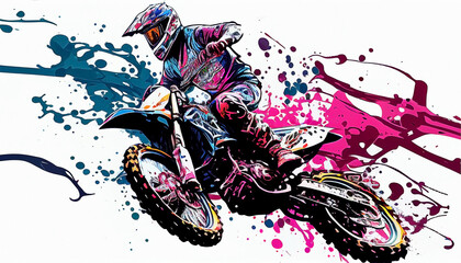 illustration of jumping motocross on white background, splash art