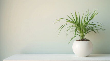 green plant pot on wooden table in a room - obrazy, fototapety, plakaty