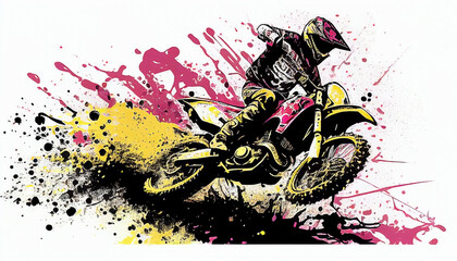 illustration of jumping motocross on white background, splash art