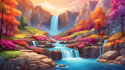Papier Peint photo Lavable Cappuccino illustration of beautiful colorful landscape with waterfall, waterfall, water, nature, river, stream, cascade, landscape, rock, falls, forest, fall, autumn, spring, stone, green, park, flowing, rocks,