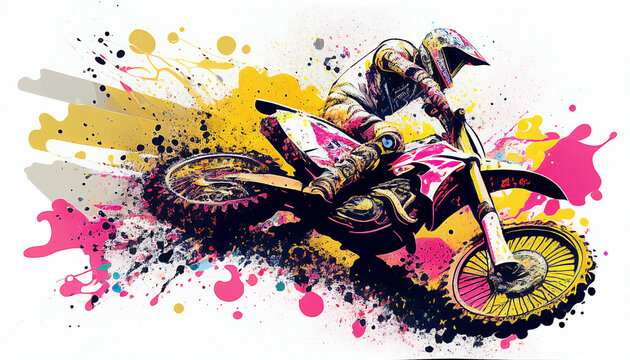 illustration of jumping motocross on white background, splash art