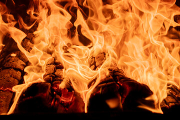Raging flames in the furnace. Hot burning of wood. Orange tongues of hot flame on the logs of the...