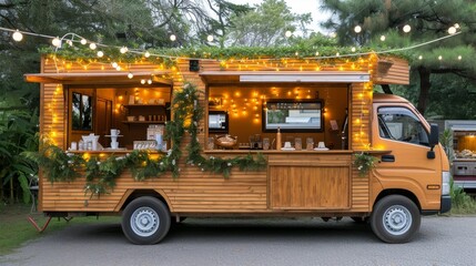 Quaint coffee shop on wheels, serving aromatic coffee to go on busy city streets