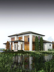 modern two-story house House Exterior neutral and warm tones Large rectangular windows flat roof design Surrounding Environment green lawn modern living harmonizing with nature