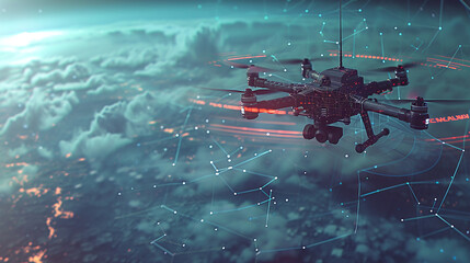 Military drone in action with neuron and radar concept