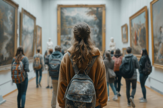A shot of a crowded art gallery, capturing people engaging with artworks, their faces hidden by the canvases or sculptures. Concept of anonymous appreciation of art. Generative Ai.