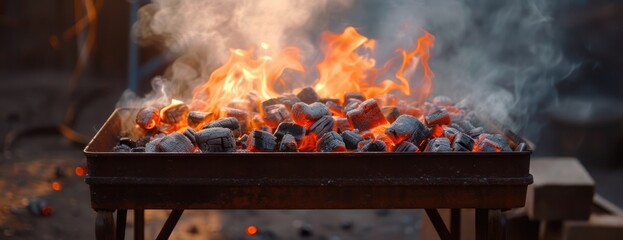 Hot flames and smoke rise from a charcoal