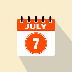 Icon calendar day - 7 July. 7th days of the month, vector illustration.