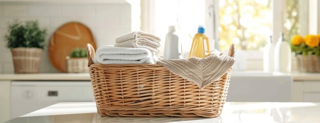 Wicker Basket Filled With Towels and Cleaning Products