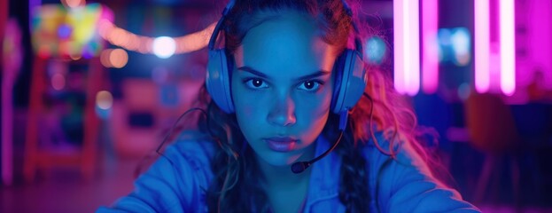 Woman gamer Wearing Headphones in a Dark Room