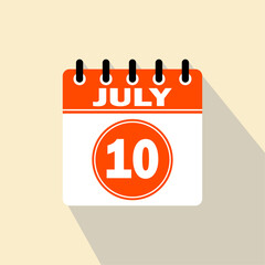 Icon calendar day - 10 July. 10th days of the month, vector illustration. - obrazy, fototapety, plakaty