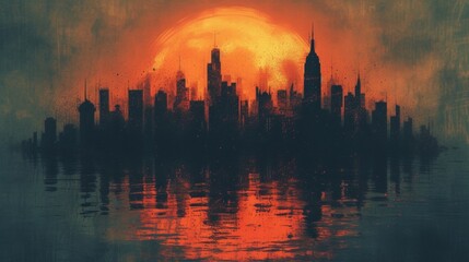 Fototapeta na wymiar Red Sun Over Silhouetted Cityscape