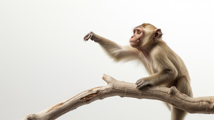wild baby monkey hanging on a branch isolated on white background  created with Generative AI Technology  - obrazy, fototapety, plakaty