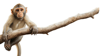 wild baby monkey hanging on a branch isolated on white background  created with Generative AI Technology  - obrazy, fototapety, plakaty
