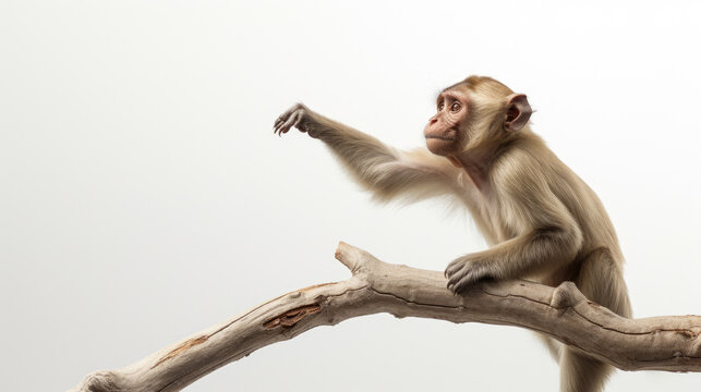 wild baby monkey hanging on a branch isolated on white background